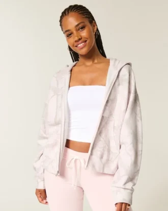Oversized rosa camouflage-hettegenser med glidelås