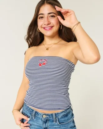 Ribbet stroppeløs brodert kirsebærfarget tube-top