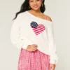 Slouchy Off-the-Shoulder Flag Heart Graphic Sweater