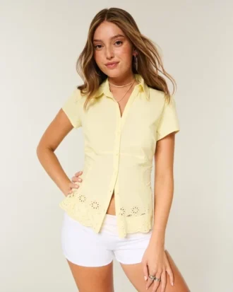 Stretch Poplin brodert kortermet skjorte