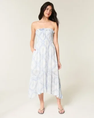 Stroppeløs smocked maxi-kjole
