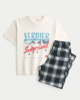 Sveitsisk grafisk T-skjorte og flanellpyjamasbukse-sett