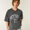 Tung baggy kort fotball-T-skjorte med Detroit-grafikk