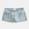 Ultra lav midje, lys vask, denim minishorts med blonder