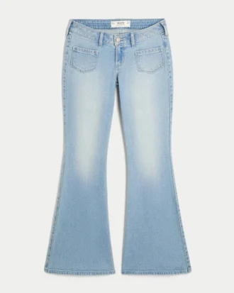 Ultra lav midje, lys vask, frontlomme, flare-jeans