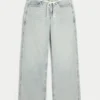 Ultra lav midje, lys vask, mini linning, baggy jeans med snøring