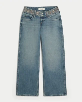 Ultra lav midje, medium vask, brodert baggy jeans