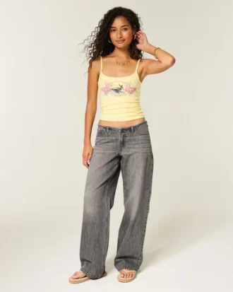 Ultra lav midje Mini-linning Grå baggy jeans