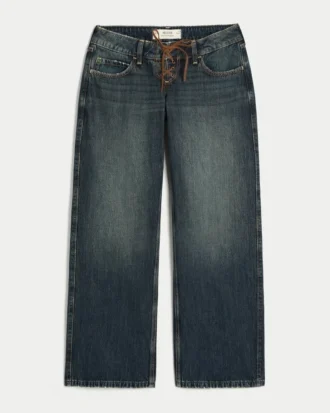 Ultra lavt sittende, mørkvasket baggy jeans med snøring