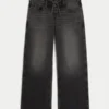 Ultra lavt sittende, vasket, svart baggy jeans med snøring