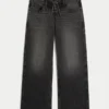 Ultra lavt sittende, vasket, svart baggy jeans med snøring