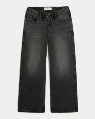Ultra lavt sittende, vasket, svart baggy jeans med snøring