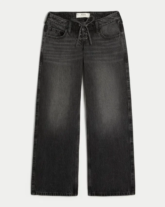 Ultra lavt sittende, vasket, svart baggy jeans med snøring