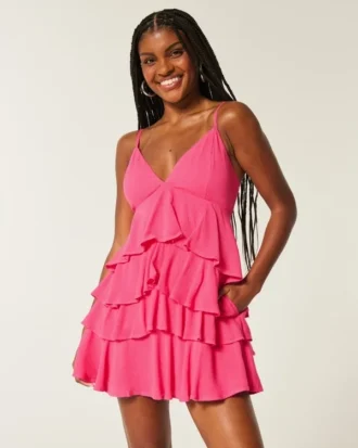 V-hals med volanger, babydoll minikjole