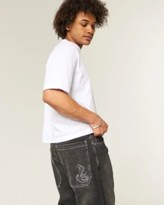 Vasket svart brodert slange skater baggy jeans