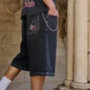 Vasket svart Cat Graphic Super Baggy Denim Shorts