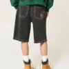 Vasket svart Cat Graphic Super Baggy Denim Shorts