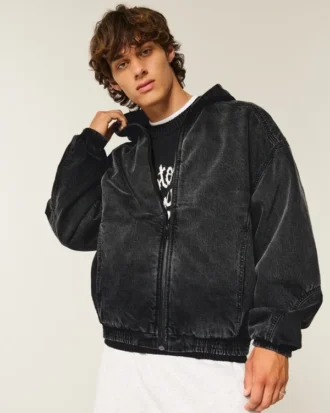 Vasket svart denim skaterjakke Vasket svart denim skaterjakke