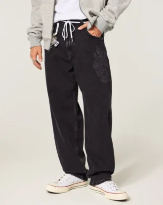 Vasket svart Dragon Graphic Skater Baggy Jeans
